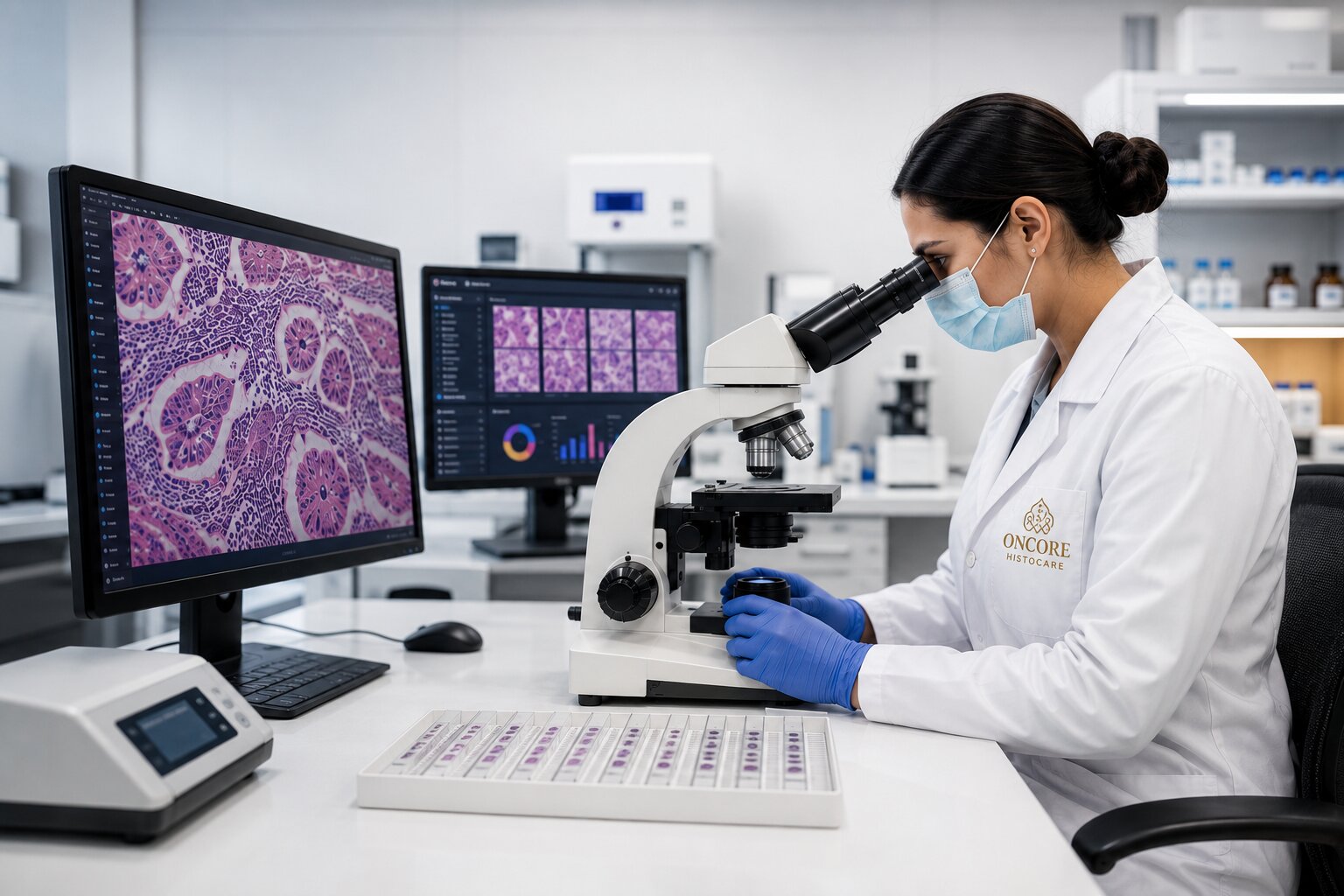 Oncore Histocare pathologist examining histopathology slides